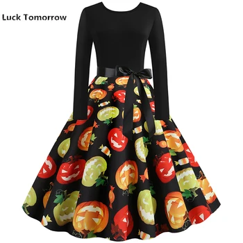 

2019 Women Halloween Dress Bat Pumpkin Print Elegant 50s 60s Vintage Black Long Sleeve Dresses Autumn Winter Party Plus Size