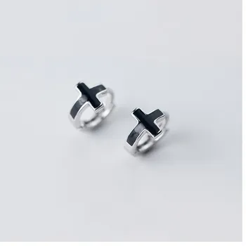 

925 Sterling Silver Black Cross Small Huggie Hoops Piercing Earrings Round Circle Ear Rings Earings Brincos for Women