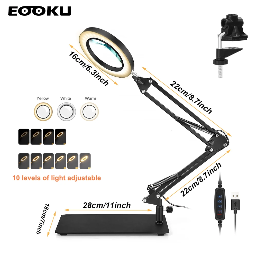 

EOOKU Table Lamp LED USB 5X Magnifying Glass 3 Color Flexible Handle Professional Lighting Energy Saving Eye Protection