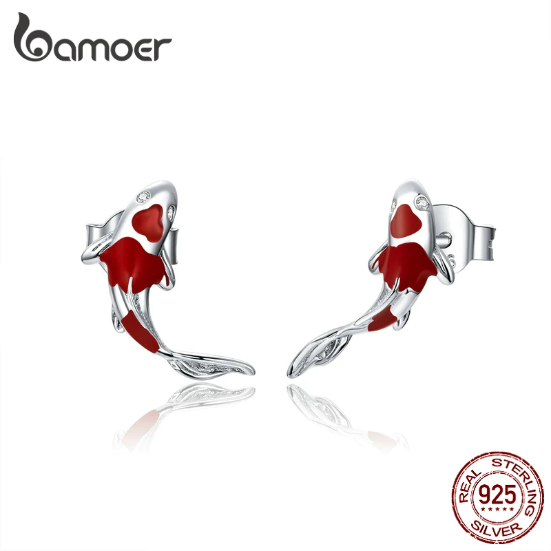 Stud-Earrings Fashion Jewelry 925-Sterling-Silver Fish Bamoer Enamel Women Red for Koi-Ear