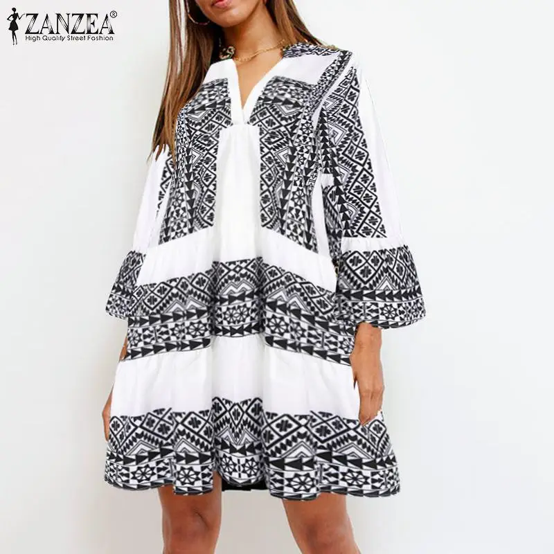 ZANZEA женское богемное мини-платье модное короткое платье с принтом Vestidos Дамский летний сарафан лоскутное одеяло Femme плюс размер 5XL