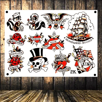 

Exaggerated Tattoo Diagram Vintage Flag Banner Poster Canvas Wall Sticker Wall Hanging Tapestry Print Art Wall Decoration C3