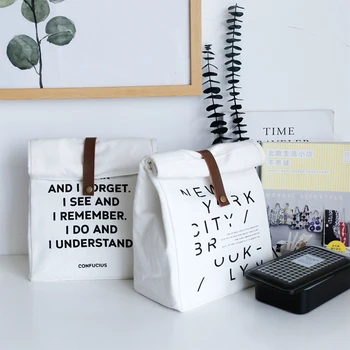 

Lunch Box Cotton Canvas Insulation Bag Picnic Bag Simple Letter Type Large Capacity Multi-purpose Cloth Bag Foods Organizer