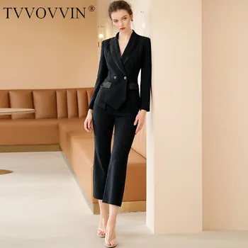 

TVVOVVIN 2020 New Spring Summer Business Suit Women Fashion Suit Collar Button Decorations Tops And Cropped Pants Set PD822