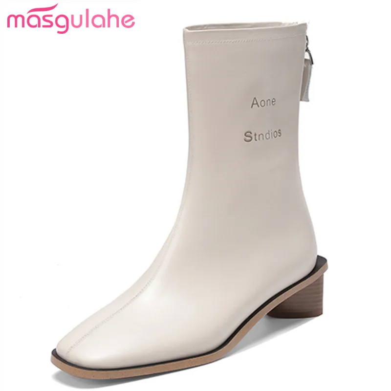 

Masgulahe 2020 New arrival genuine leather boots square toe zipper square heels solid color fashion ankle boots ladies shoes