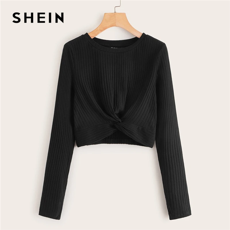 SHEIN однотонная трикотажная укороченная футболка с длинными рукавами и круглым вырезом на осень-зиму, повседневная Милая футболка