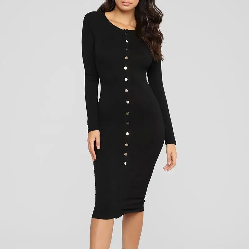 button front long sleeve dress