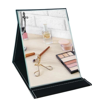 

Black PU Cover Travel Mirror Foldable Pocket Portable Rectangular Mirror Makeup Folding Compact Desktop Table Mirror