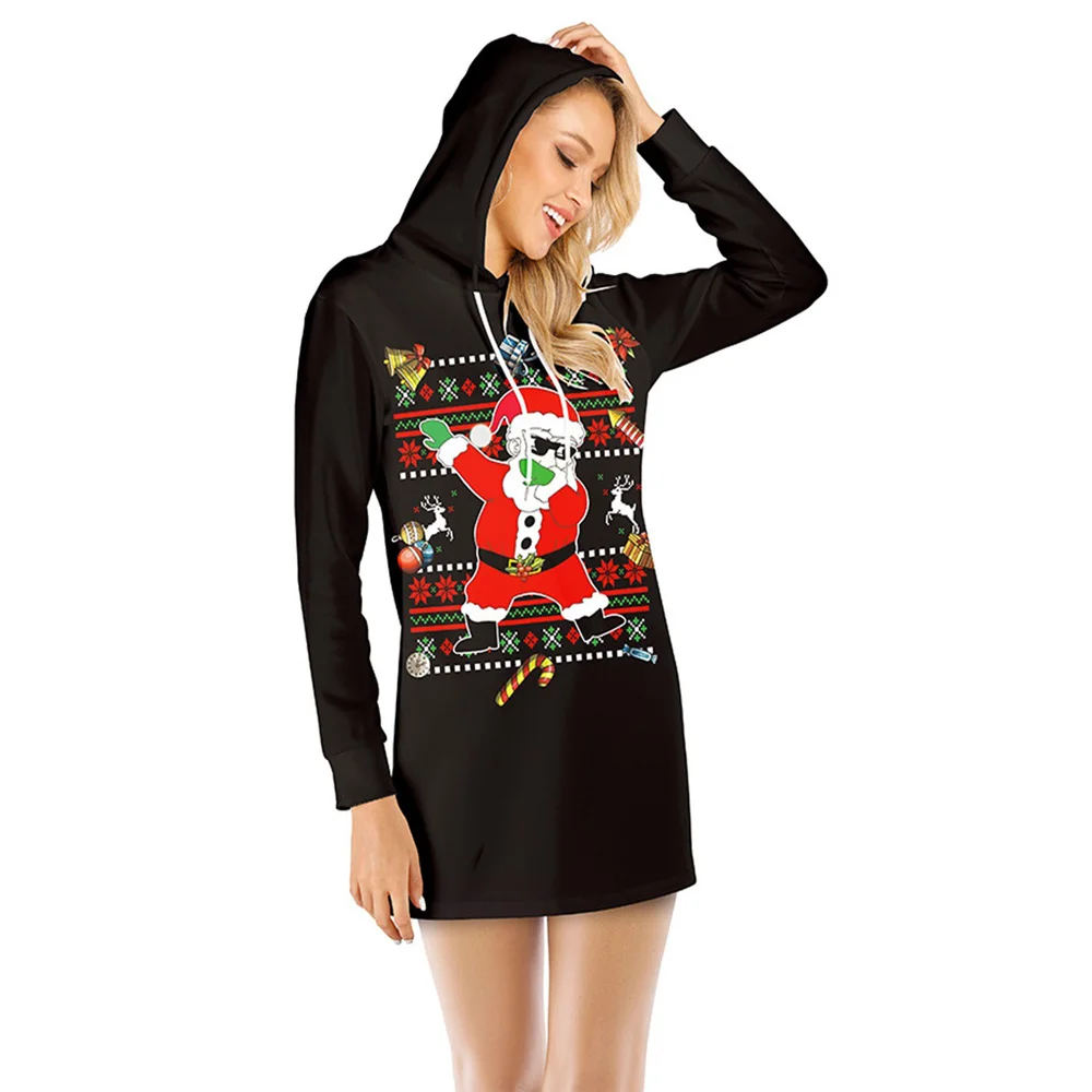 

Women Christmas Hoodies 3D Santa Claus Elk Printed Winter Dress Long Sleeve Hooded Sweatshirt Pullover Loose Casual Female Tops