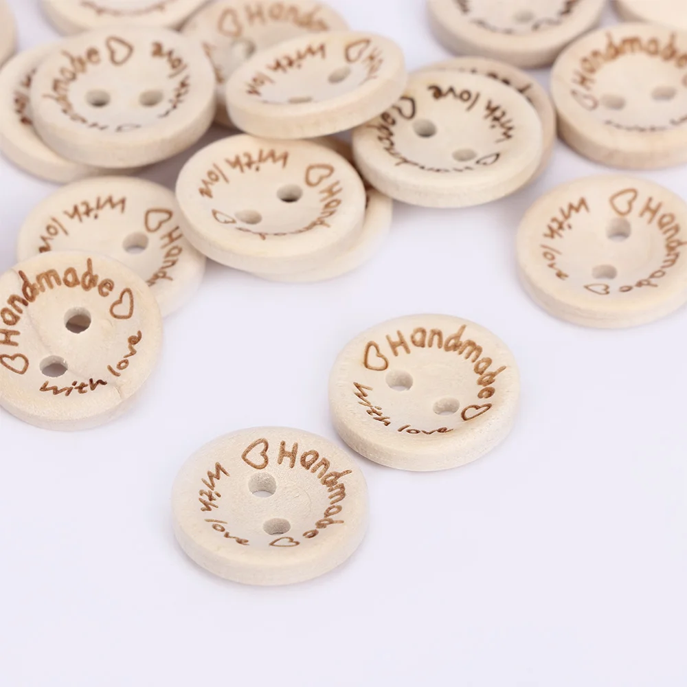 

100pcs/pack Hand Made with Love Sewing Wood Button 15mm Round Decorative Craft Buttons High quality