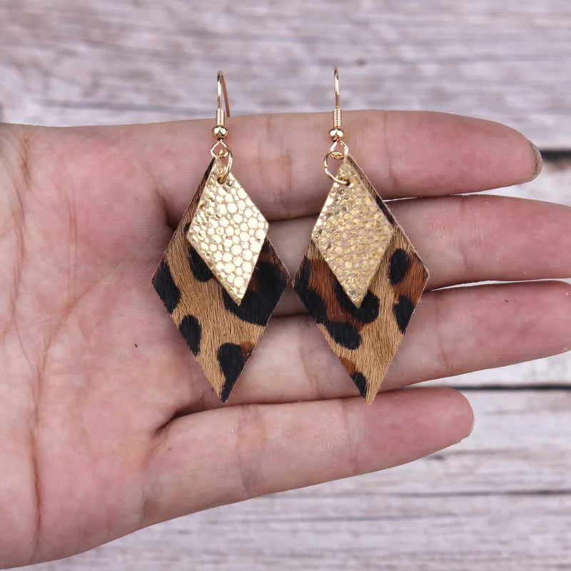 

Double Rhombus Layered Genuine Leather Drop Earrings Geometric Square Leopard Dot Earrings Leather Earrings for Women Jewelry