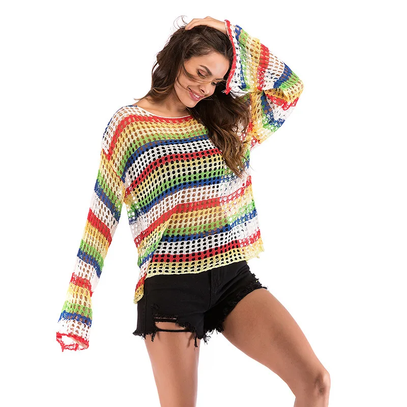 2020 thin rainbow striped knitted openwork blouse autumn fashion contrast sweater women's loose pullover sweater women 2020 thin rainbow striped knitted openwork blouse autumn fashion contrast sweater women's loose pullover sweater women