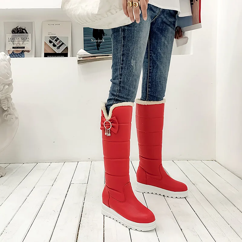 ESRFIYFE New Pu Leather Winter Boots Women Shoes Boots Knee High Boots Winter Warm Plush Thick Heel Platform Snow Boots
