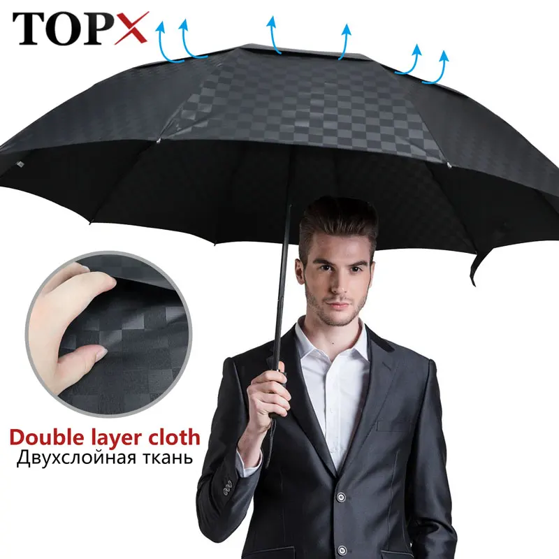 Large-Umbrella 3folding Rain Women Windproof Travel Double-Layer Big for 144cm Dark-Grid