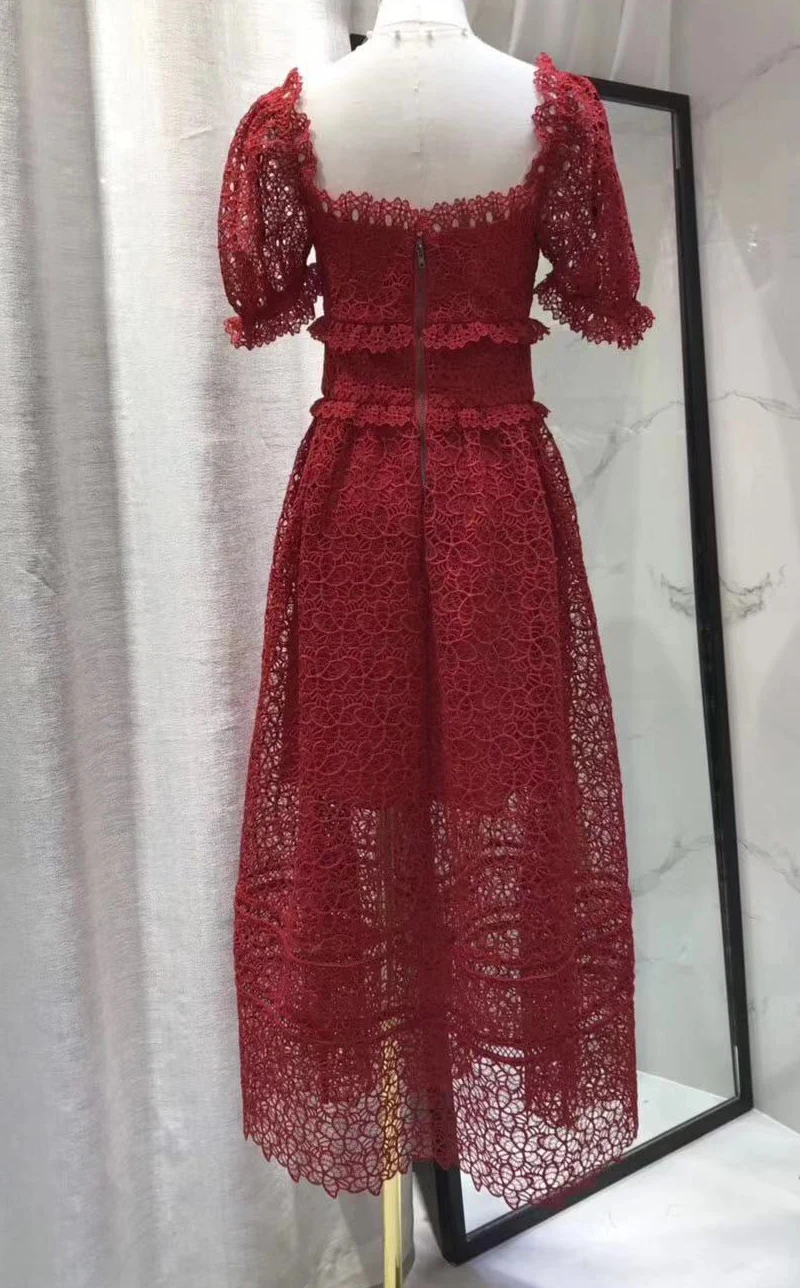 MoaaYina/высококачественное женское Красное Кружевное платье в горошек с коротким пышным рукавом, квадратным вырезом, женские вечерние платья, модное летнее платье миди