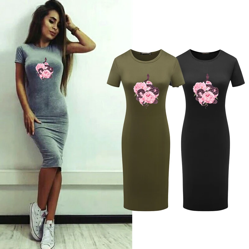 

Plus Size Woman Dress Sexy Robe Flower Snake Print Short Sleeve Party Vintage Elegant Summer Midi Dresses Femme Vestidos