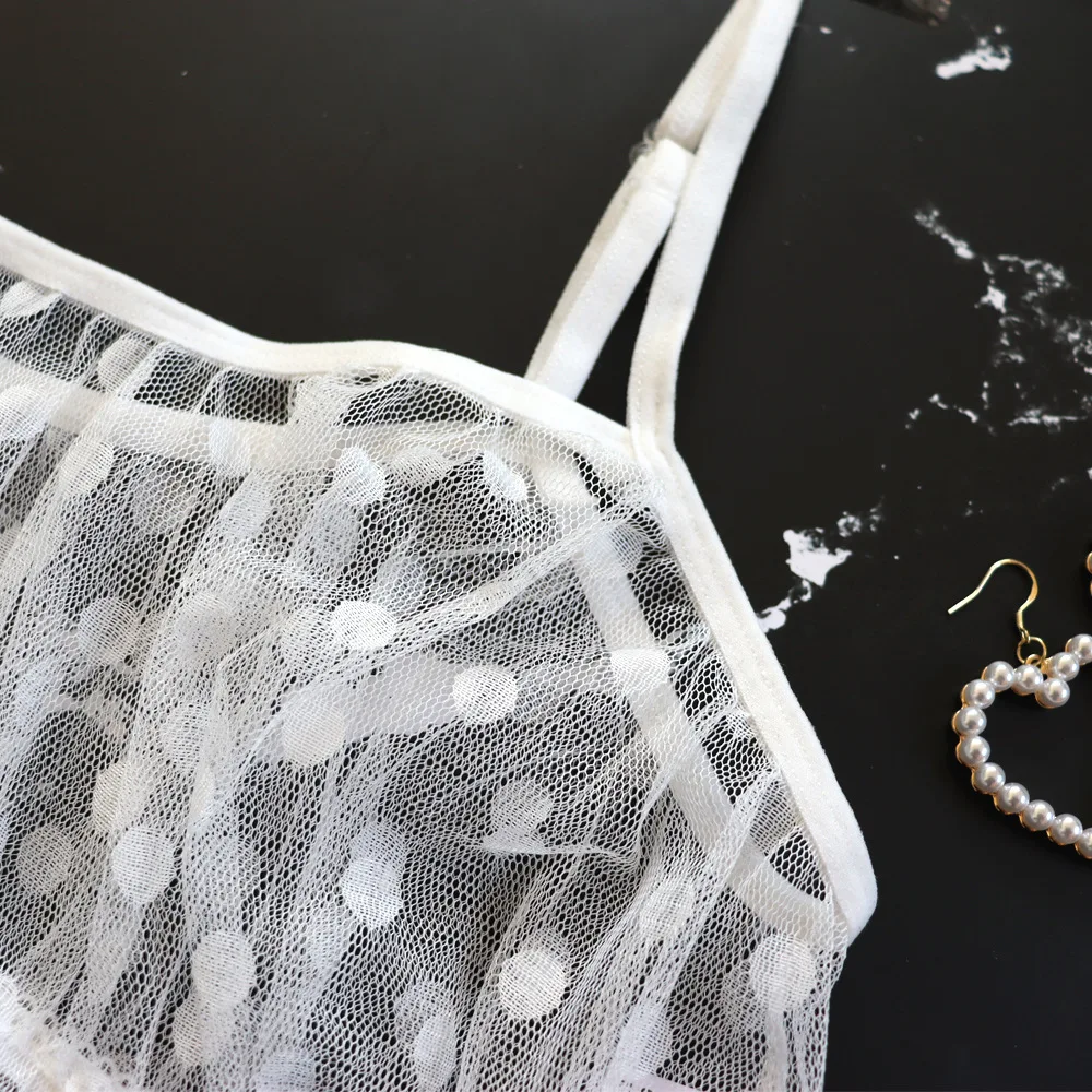 Sexy Lingerie Erotic Underwear Polka Dot Mesh Frill Trim Lace lingerie Set Top Lace Invisible Bra & Brief Set For Women_voghion.com