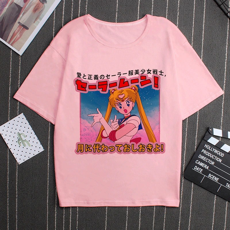 Sailor Moon 90s Funny Pink T Shirt Harajuku Clothes Tshirt Aesthetic Cat Anime Vogue T-shirt Kawaii Graphic Tees Ullzang Women