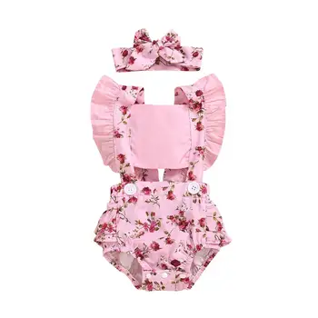 

2020 new summer sleeveless baby Rompers girls flower Jumpsuit pink fashion rompers infant baby Jumpsuit with headband