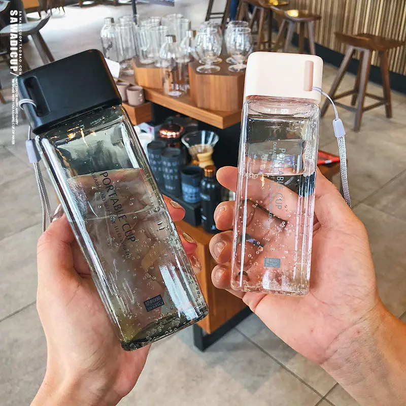 

Square Glass Cool Mini Plastic Cup Student Portable Drop-resistant Summer Portable Bottle Leak-Proof Simple Sports Cup