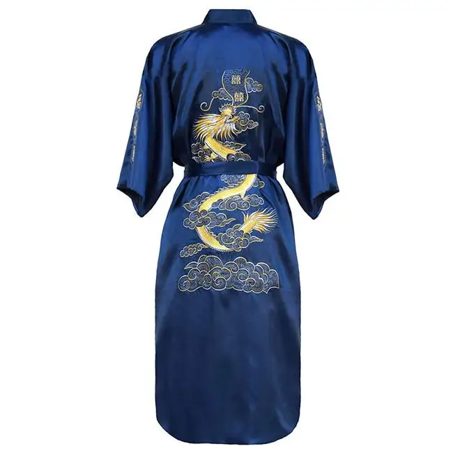 С вышивкой черного цвета, домашний халат с изображением дракона традиционный мужской пижамы ночное белье кимоно купальный халат Домашняя одежда-ночная сорочка домашняя одежда - Цвет: Dark Blue