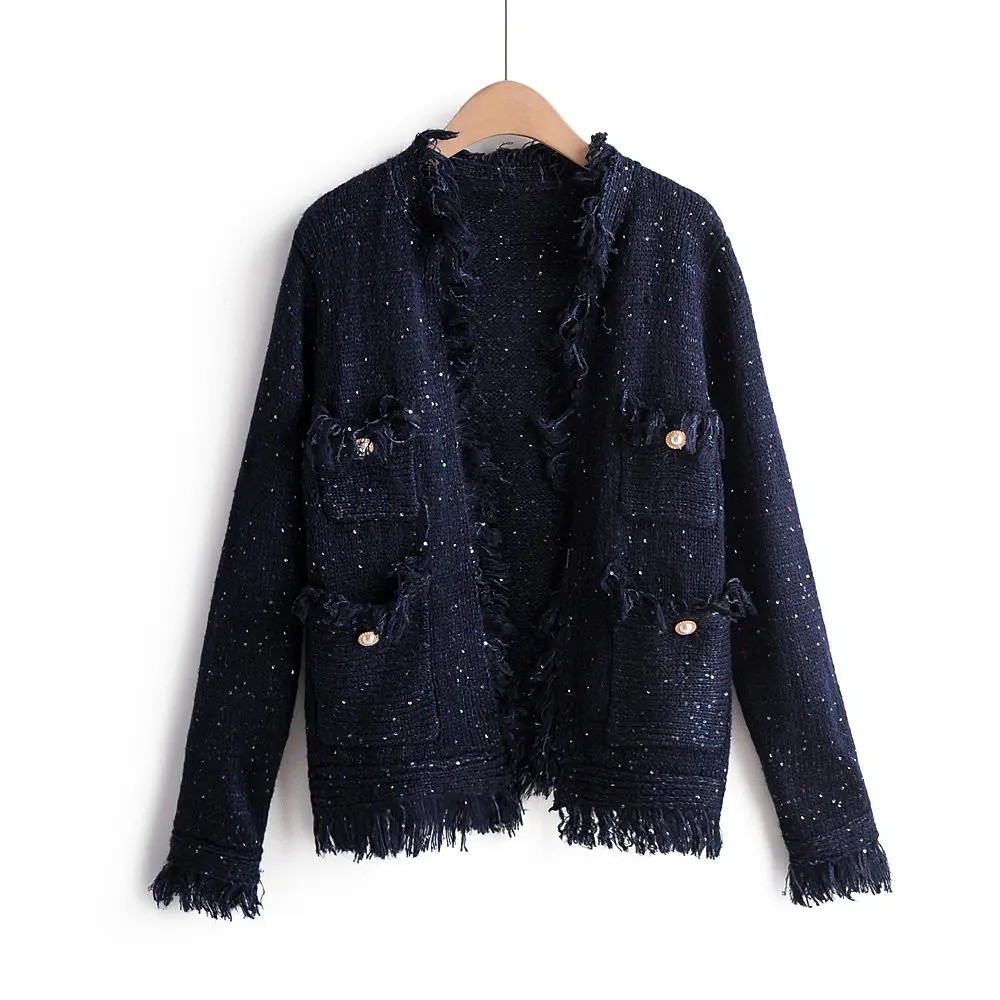 

Autumn new women's European and American small fragrance tassel decorative pocket style start sweater women's