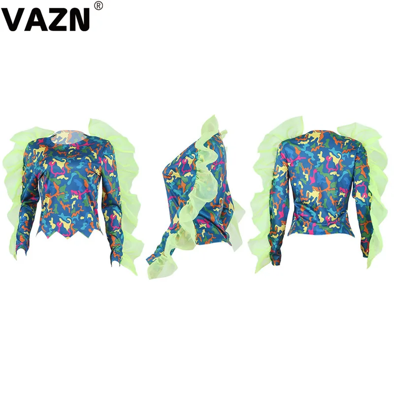 VAZN, камуфляжная, удобная, популярная, кружевная, новинка, женская мода, элегантный топ,, Повседневная футболка, высокий ворот, полный рукав, женская футболка