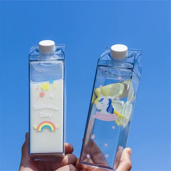 

500ml Milk Box Shape Water Bottles Cartoon Rainbow Pattern Plastic Drink Bottle Cute Unicorn Coffee Fruit Juice Cup Drinkware