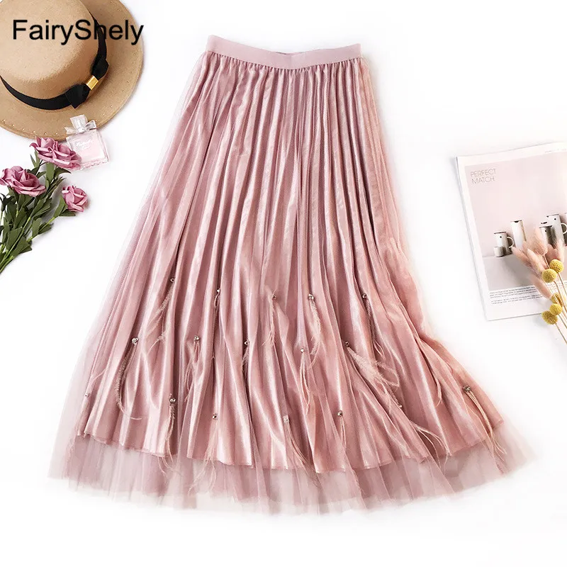 FairyShely, бархатная плиссированная длинная юбка с бисером, Женская осенне-зимняя эластичная юбка средней длины из розового тюля с высокой талией, модная одежда