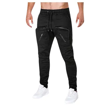

Men's Pure Color Pocket Zipper Casual Sports Trousers Long Pants Joggers Plus Size Streetwear pantalon homme sweatpants M-3XL