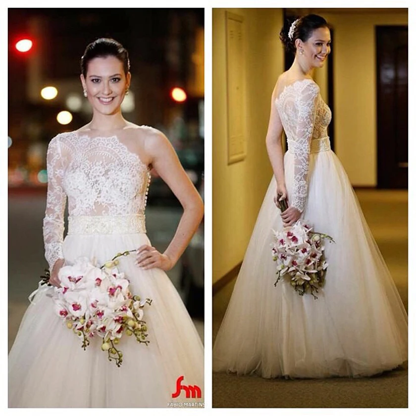 Real Sample Een Schouder Lange Bal Mouwen Bruidsjurk Met Kralen Kant Applique Vestido De Casamento Moeder Van De Bruid jurken Real Sample Een Schouder Lange Bal Mouwen Bruidsjurk Met Kralen Kant Applique Vestido De Casamento Moeder Van De Bruid jurken