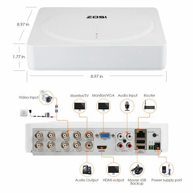 ZOSI 8 канальный супер HD 5MP камера безопасности система с 2 ТБ жесткий диск HDD и 5MP 1920P всепогодный CCTV видео DVR комплект для камеры