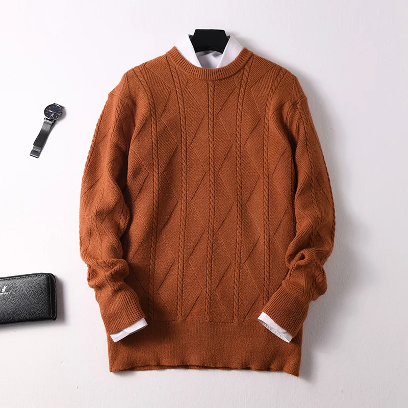 dark orange Мужские кашемировые свитера и шерстяные вязальные Джемперы мужские зимние пуловеры с круглым вырезом Толстый мужской свитер модный толстый свитер - Цвет: dark orange