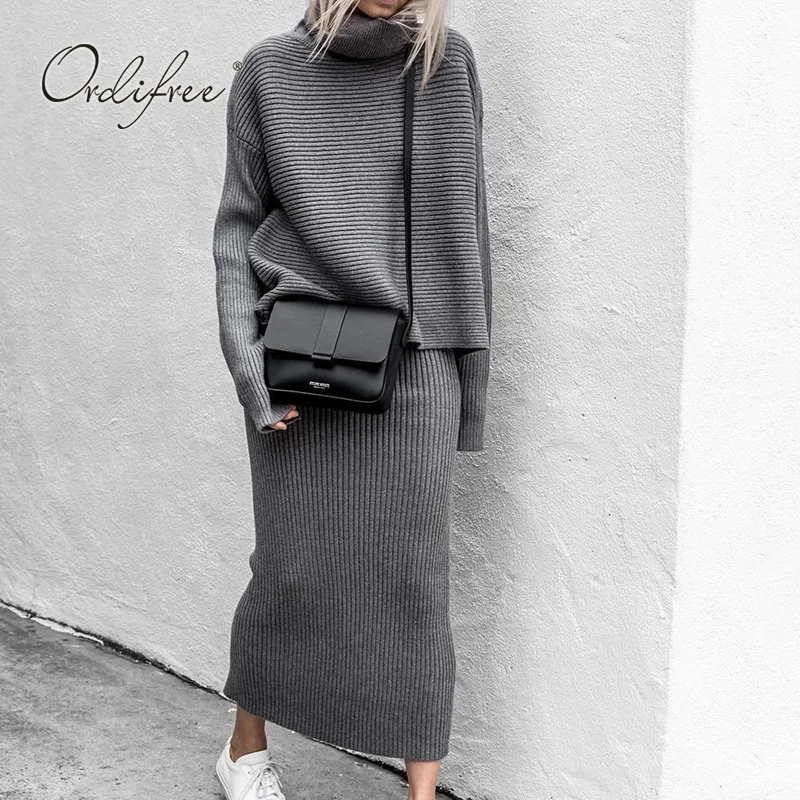 

Ordifree 2020 Autumn Winter 2 Piece Set Women Knitted Turtleneck Sweaters Pullovers Long Knitted Skirt Female Sets