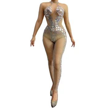 

Silver Rhinestones Mirror Transparent Jumpsuit Women dj ds Dancer Show Outfit Leggings Prom Birthday Wear rave clothes DT2403