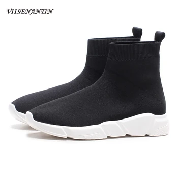 

New White Thick-soled All-match Autumn Winter Plus Velvet Stretch Chunky Socks Boots Round Toe Black Height Increase Shoes Women