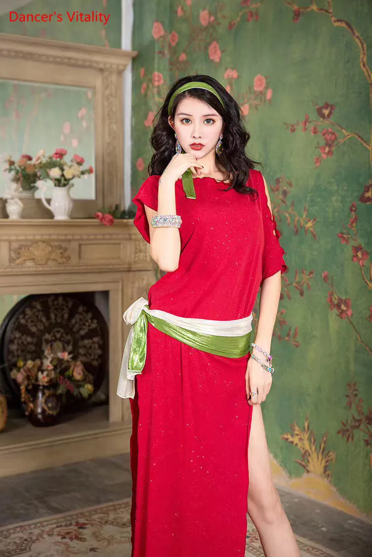 

Belly Dance Female Elegant Short Sleeve Robe Practice Clothes 4 Piece Set New Profession Performance Clothing Suit