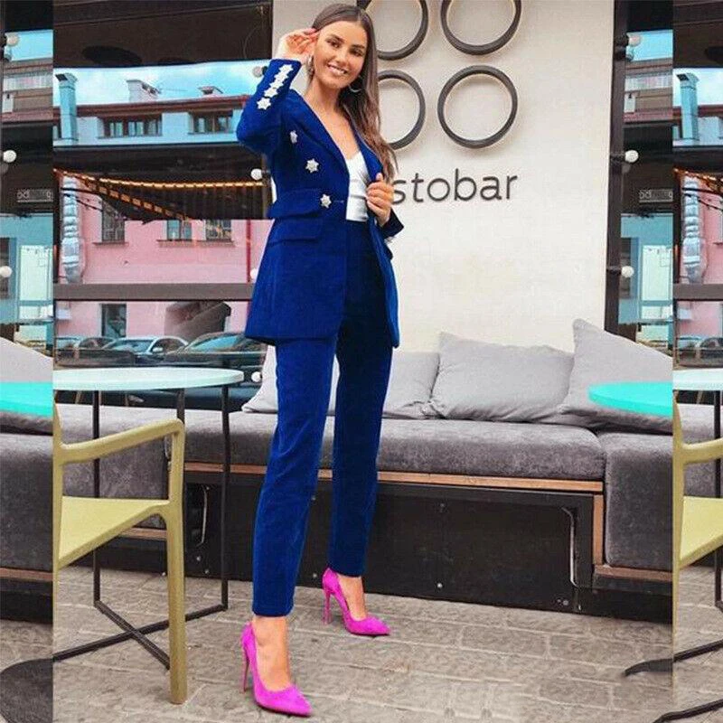 

Royal Blue Velvet Office Work Wear Pant Suits OL 2 Piece Sets Solid Blazer Jacket & Trousers Suit For Women Set Femme