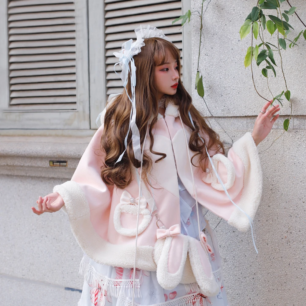 Melonshow Christmas Rabbit Cape Cloak Women Plus Size Pink Coat Tops Shawl Sleeveless Hooded Poncho Bow Hairball