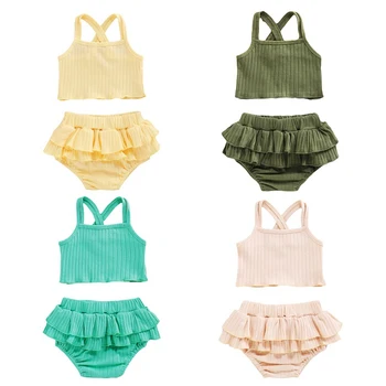 

Baby Summer Clothing Infant Newborn Baby Girls Ruffled Ribbed Sleeveless Strap Vest Tops Short Toddler Infant Casual Clothes 2