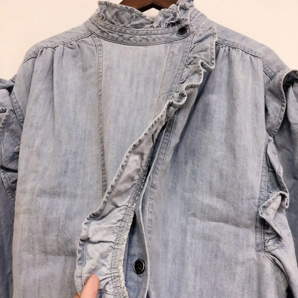 Women's Denim Blouse Ruffles Fresh Long Sleeve