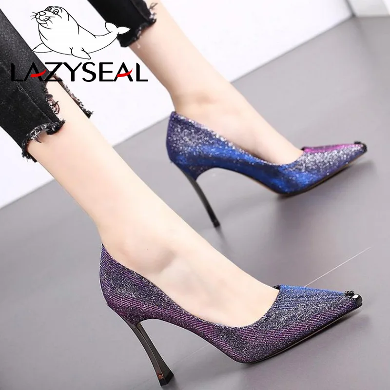 Purple LazySeal/женские туфли-лодочки на каблуке 9,5 см; женские пикантные туфли на шпильке с металлическим острым носком; женские туфли из расшитой блестками ткани для офиса; пикантная обувь для вечеринок - Цвет: Purple