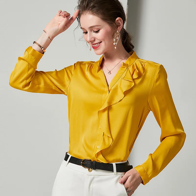 golden ruffled floral silk blouse for women high quality long sleeve 4XL plus size casual sexy office dress shirts dropshipping golden ruffled floral silk blouse for women high quality long sleeve 4XL plus size casual sexy office dress shirts dropshipping