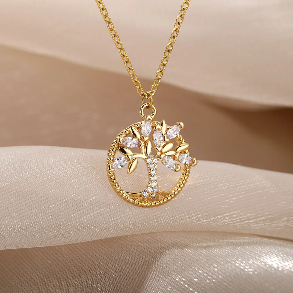 Zircon Tree of Life Pendant Necklaces Stainless Steel Chain