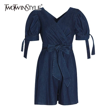 

TWOTWINSTYLE Vintage Sexy Hollow Out Playsuit For Women V Neck Lantern Sleeve Backless High Waist Lace Up Tunic Playsuits Female