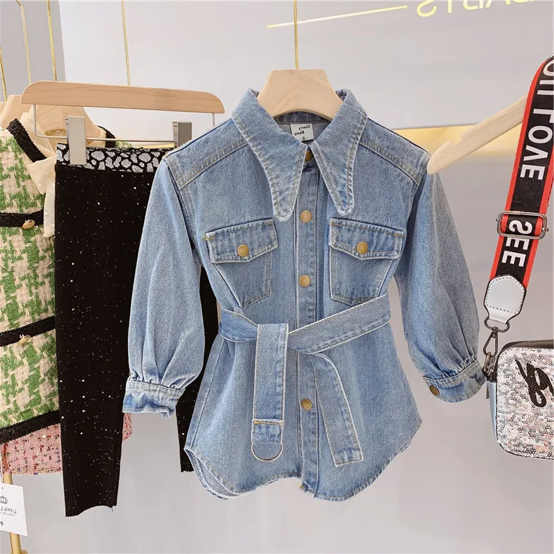 

2019 Girl Kids Denim Belt Dress Jacket Spring Autumn Jeans Dresses Casual Jackets Children Clothes Outfits