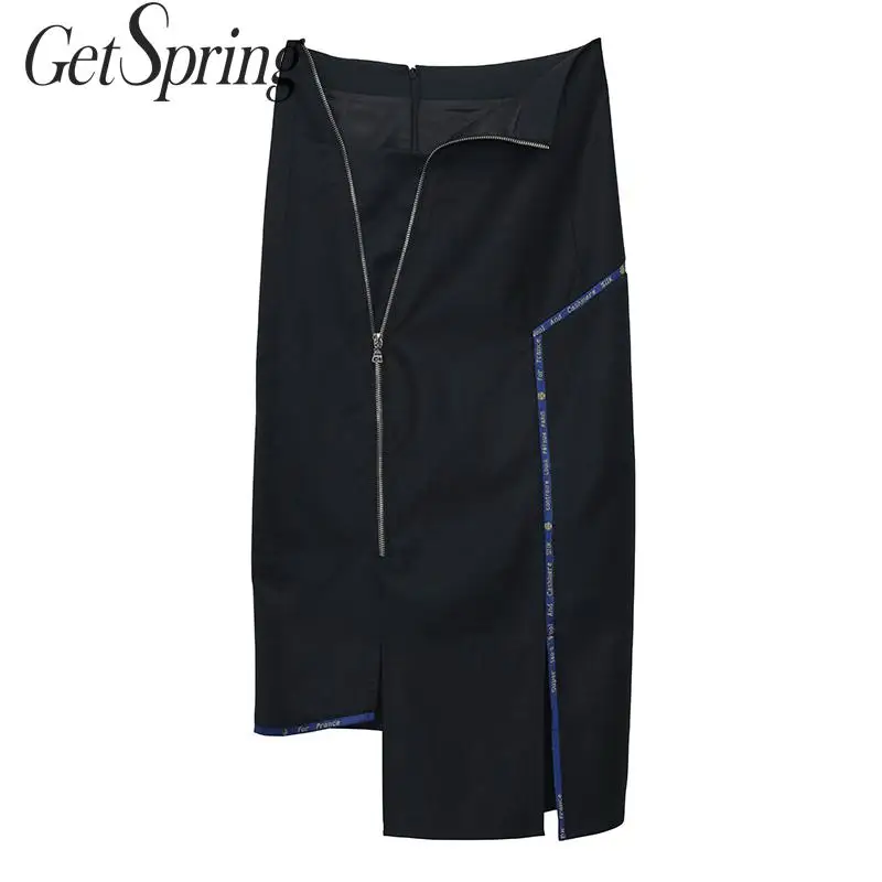 

GETSPRING Women Skirt Letter Patchwork Asymmetry Wool Skirts Womens Irregular Vintage All Macth High Waist Long Skirts 2019 New