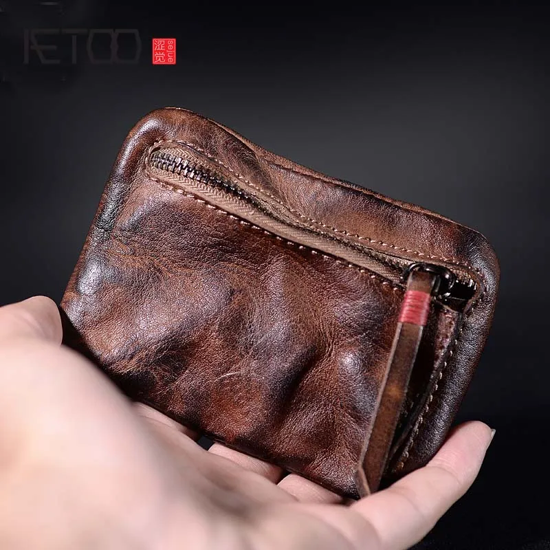 Kopen AETOO Eenvoudige retro oude pure lederen sleutel tas mini portemonnee leer rits kleine tas opbergtas vrouwelijke munt zak
