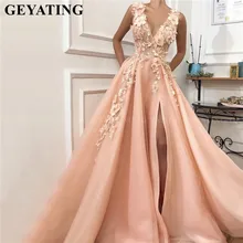 Сексуальные Глубокий V пляжные персиковые вечерние платья с разрезом 3D цветы ручной работы Тюль Элегантное длинное женское вечернее платье вечерние платья
