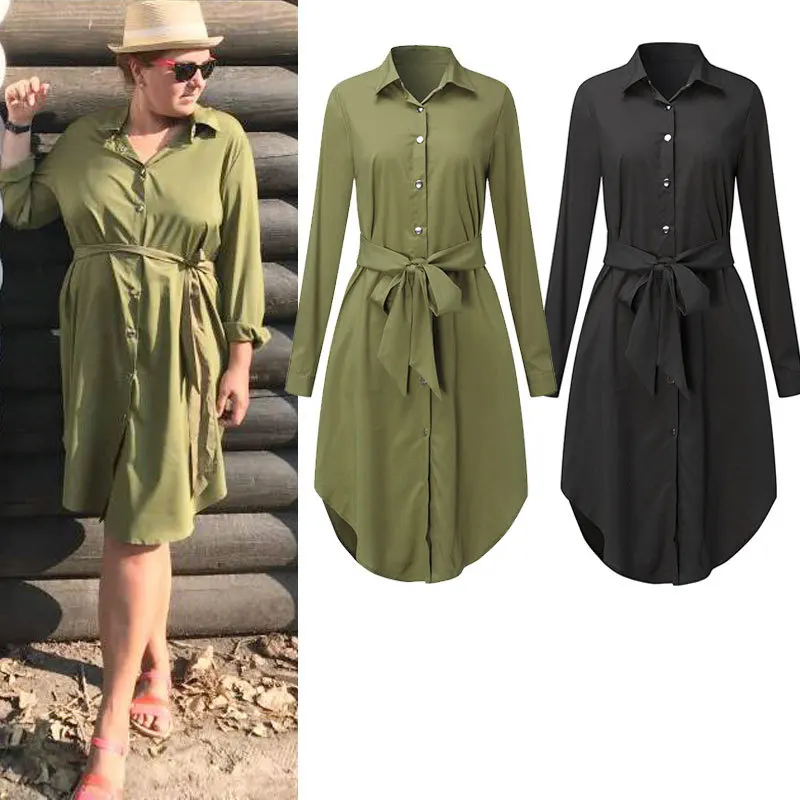 2020 hot style Spring and summer plus-size women's mid-length solid-color dresses with waist straps dress temperament | Женская